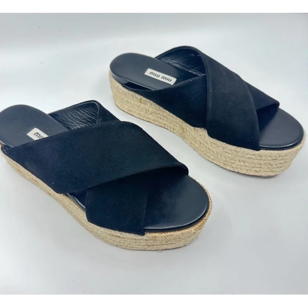 MIU MIU Suede Espadrille Platform Slip on Slides Sandals Black size 8 NEW